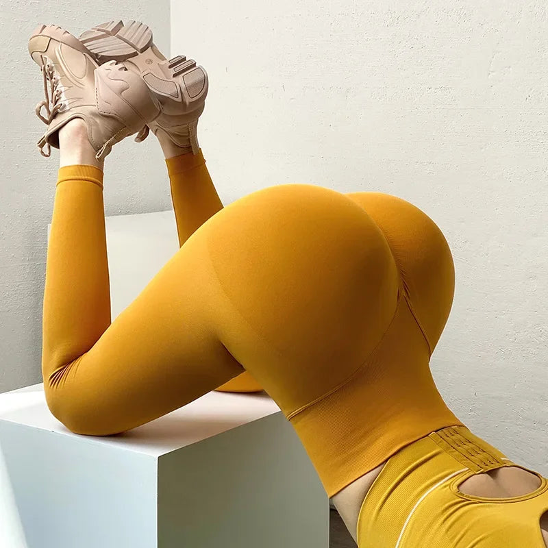 Leggings femininas de cintura alta sólidas, sem costura